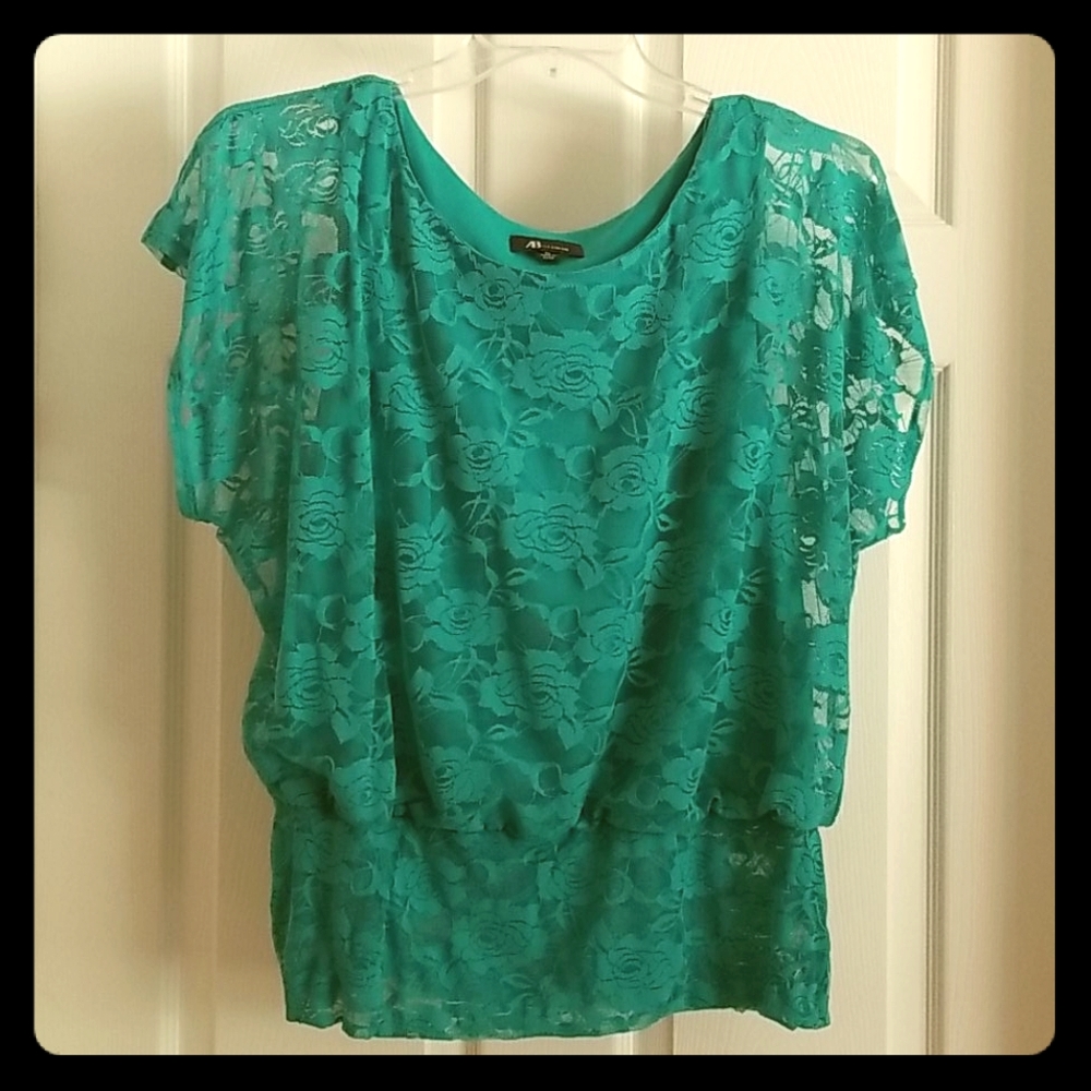 Teal Floral Rose Lace Pattern Blouse